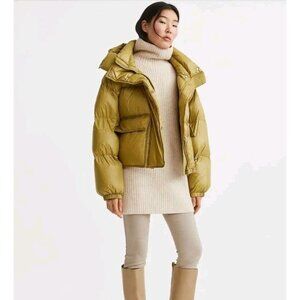 H&M Goose Down Feathers Puffer Quilted Hooded Yellow Beige Relaxed Jacket Coat S